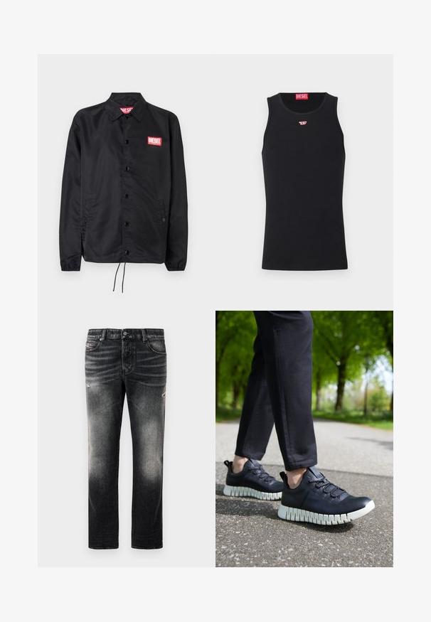 Black jacket made of smooth, lightweight material, featuring a button front, elastic cuffs, side pockets, and a red Diesel logo patch.; Black cotton tank top featuring a crew neck and sleeveless design. Small red Diesel logo stitched on the chest. Smooth texture, fitted shape.; Black jeans featuring a faded finish with distressed accents, standard five-pocket design, and a zip-fly closure. Made of denim fabric.; Black leather sneakers with a textured finish, featuring a chunky white sole and elastic laces, set against a gray pathway and green trees.