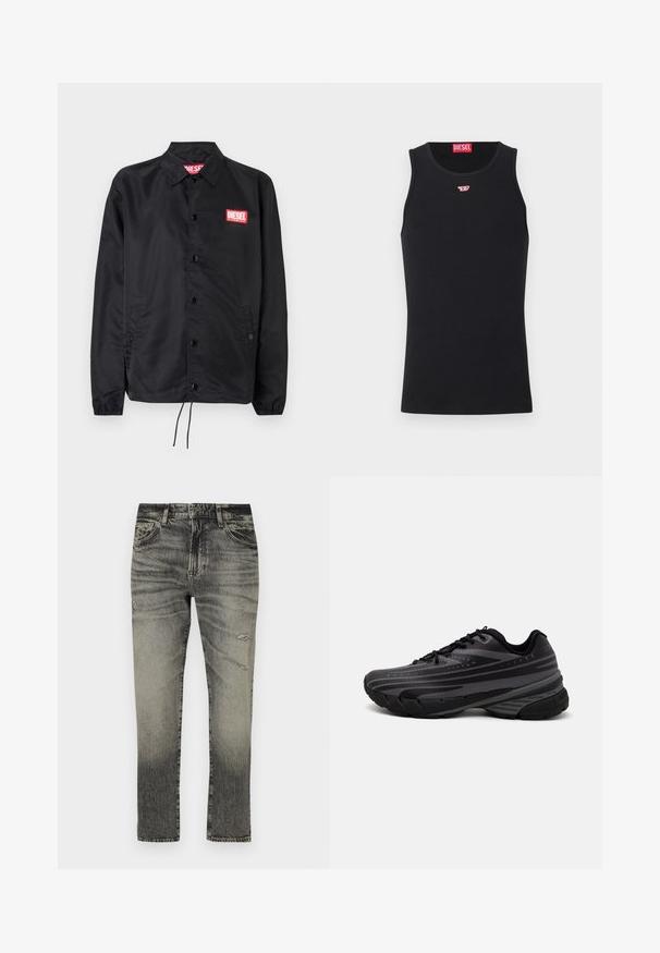 Černá bunda z hladkého, lehkého materiálu, s knoflíkovou přední částí, elastickými manžetami, bočními kapsami a červenou nášivkou Diesel logo.; Černý top bez rukávů vyrobený z hladké tkaniny, s kulatým výstřihem, výstřihy pro paže a malým červeným logem na hrudi. Jednoduchý design, bez rukávů.; Černé a šedé džíny z denimu s vybledlým vzhledem, rovného střihu, se dvěma předními kapsami, zapínáním na knoflík a s opotřebovanými detaily.; Černá běžecká bota s texturovaným svrškem zdobeným šedými pruhy. Silná podešev pro odpružení, kulatá špička a ploché tkaničky pro bezpečné uchycení.