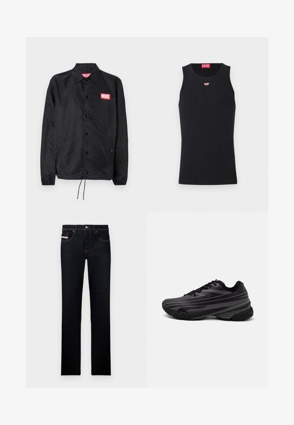 Juoda striukė, pagaminta iš lygaus, lengvo medžiagų, su mygtukų priekyje, elastinėmis rankovėmis, šoninėmis kišenėmis ir raudonu "Diesel" logotipo ženkleliu.; Juodas be Rankovių Маišelis, pagamintas iš lygaus audinio, su apvaliu kaklo išpjovimu, išpjovomis rankovėms ir mažuoju raudonu logotipu ant krūtinės. Paprastas dizainas, be rankovių.; Tamsiai mėlynos džinsinės kelnės su tiesiais lankais, puoštos oranžinėmis siūlėmis ir etikete priekiui kišenėje. Metalinė mygtukų uždarymo sistema.; Juodas bėgimo batelis su tekstūruotu viršumi, kuriame yra pilkos juostos. Storas padas amortizacijai, apvalus pirštas ir plokščios raištelės tvirtam prigludimui.