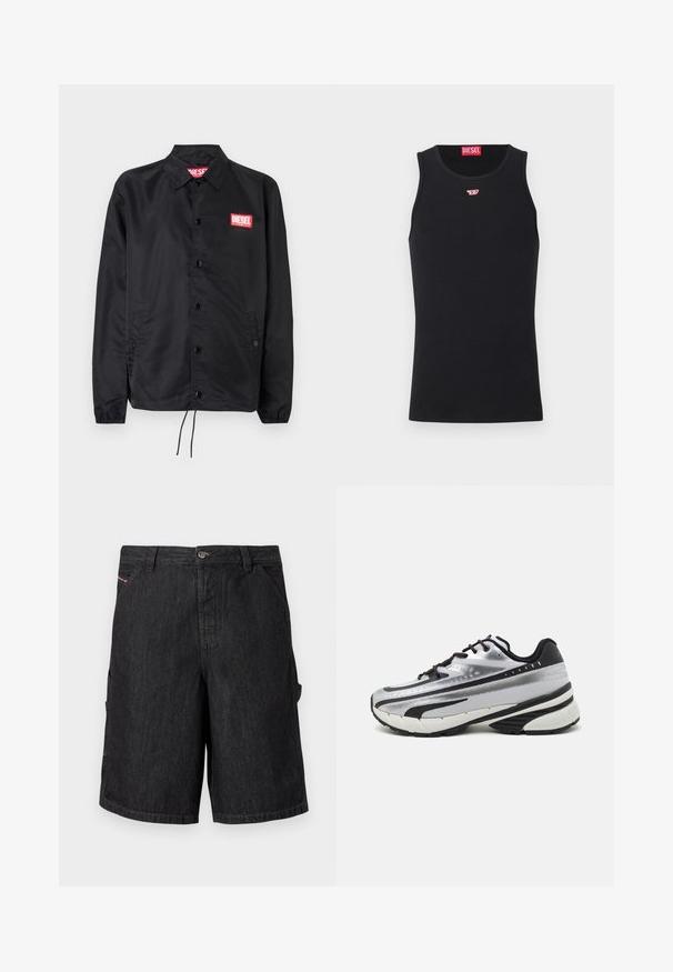 Μαύρο μπουφάν από λείο, ελαφρύ ύφασμα, με μπροστινό κουμπί, ελαστικούς καρπούς, πλαϊνές τσέπες και κόκκινη ετικέτα λογότυπου Diesel.; Μαύρο βαμβακερό αμάνικο τοπ με στρογγυλή λαιμόκοψη. Μικρό κόκκινο λογότυπο Diesel κεντημένο στο στήθος. Λείος υφασμάτινος ιστός, εφαρμοστός σχεδιασμός.; Μαύρες τζιν βερμούδες με κλασική γραμμή, οι οποίες διαθέτουν κλείσιμο με κουμπί μπροστά, πλαϊνές τσέπες και διακριτές ραφές.; Αθλητικό παπούτσι τρεξίματος με ασημί πλέγμα επάνω, μαύρες λεπτομέρειες και λευκή σόλα. Διαθέτει υφή στο σχέδιο και μαύρες κορδόνες. Ελαφρύ και με ενίσχυση.