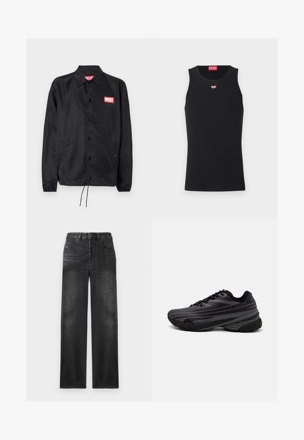 Crna jakna od glatkog, laganog materijala, s prednjim kopčanjem na dugmad, elastičnim manžetama, bočnim džepovima i crvenim Diesel logotipom.; Crna majica bez rukava od glatkog materijala, s okruglim izrezom, izrezima za ruke i malim crvenim logotipom na prsima. Jednostavan dizajn, bez rukava.; Crne ravne traperice izrađene od denima, s pet džepova, petljama za remen i suptilnim izbljeđenjem na tkanini za teksturu.; Crna tenisica za trčanje s teksturiranim gornjim dijelom koji ima sive pruge. Debeli potplat za amortizaciju, okrugli vrh i ravne vezice za sigurno pristajanje.