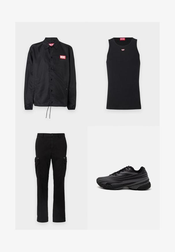 Must must, misasest kergest ja siledast materjalist, nupuvälinge, elastsete mansettide, küljetaskute ning punase Diesel logo plaastriga.; Mustmust särgid, mis on valmistatud siledast kangast, ümmarguse kaelusega, käeaukudega ja väikese punase logoga rinnal. Lihtne disain, ilma varrukateta.; Mustad puuvillased cargo püksid, millel on kaks külgekotti, sirge lõikega disain ja nähtav õmblus õmblustel.; Mustad musta jooksujalats, mille tekstureeritud ülemine osa on hallide triipudega. Paks tallaga mugavuse tagamiseks, ümar varvas ja tasased paelad kindla istuvuse saavutamiseks.