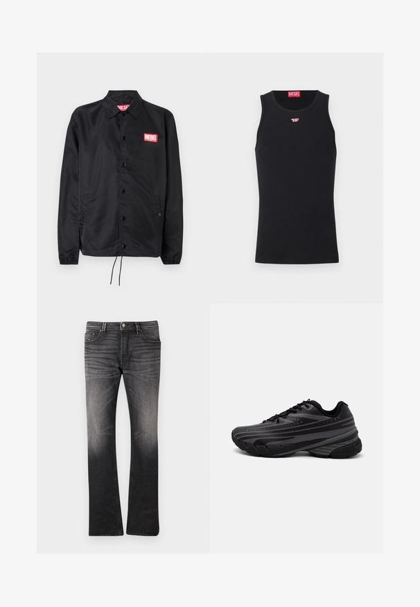 Must must, misasest kergest ja siledast materjalist, nupuvälinge, elastsete mansettide, küljetaskute ning punase Diesel logo plaastriga.; Mustmust särgid, mis on valmistatud siledast kangast, ümmarguse kaelusega, käeaukudega ja väikese punase logoga rinnal. Lihtne disain, ilma varrukateta.; Mustad denimpüksid, millel on veidi kulunud muster. Sobiv disain, sirged sääred, viie taskuga stiil ja nööpkinnitus taljes.; Mustad musta jooksujalats, mille tekstureeritud ülemine osa on hallide triipudega. Paks tallaga mugavuse tagamiseks, ümar varvas ja tasased paelad kindla istuvuse saavutamiseks.