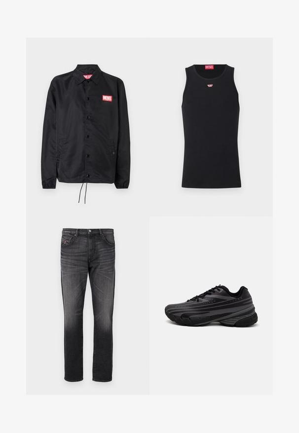 Fekete dzseki sima, könnyű anyagból, gombos elülső résszel, rugalmas mandzsettákkal, oldalsó zsebekkel és egy piros Diesel logós folttal.; Fekete ujjatlan trikó sima anyagból, kerek nyakrésszel, karöltőkkel és egy kis vörös logóval a mellkason. Egyszerű dizájn, ujjatlan.; Fekete farmernadrág, egyenes szárú fazonnal, öt zsebbel, diszkrét kopással és egy kis piros textilcímkével az elülső zsebben.; Fekete futócipő texturált felsőrésszel, szürke csíkokkal. Vastag talp a párnázottságért, kerek orr, és lapos fűzők a biztos illeszkedés érdekében.