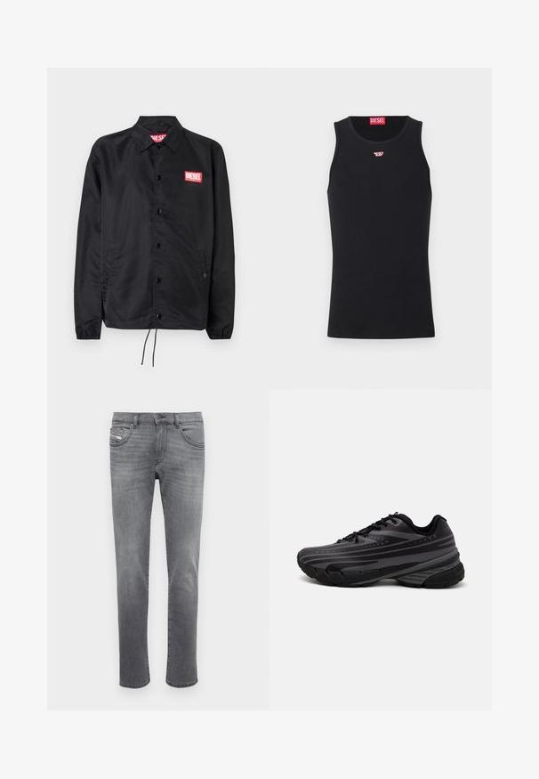 Giacca nera realizzata in materiale liscio e leggero, con chiusura a bottoni, polsini elasticizzati, tasche laterali e una patch con il logo rosso Diesel.; Top senza maniche nero realizzato in tessuto liscio, con scollatura rotonda e aperture per le braccia, e un piccolo logo rosso sul petto. Design semplice.; Jeans in denim grigio con taglio dritto, design a cinque tasche, bottone metallico e leggere sfumature di usura. Texture liscia con una leggera sbiaditura.; Scarpa da corsa nera con un upper testurizzato e strisce grigie. Suola spessa per un'ammortizzazione ottimale, punta rotonda e lacci piatti per una vestibilità sicura.