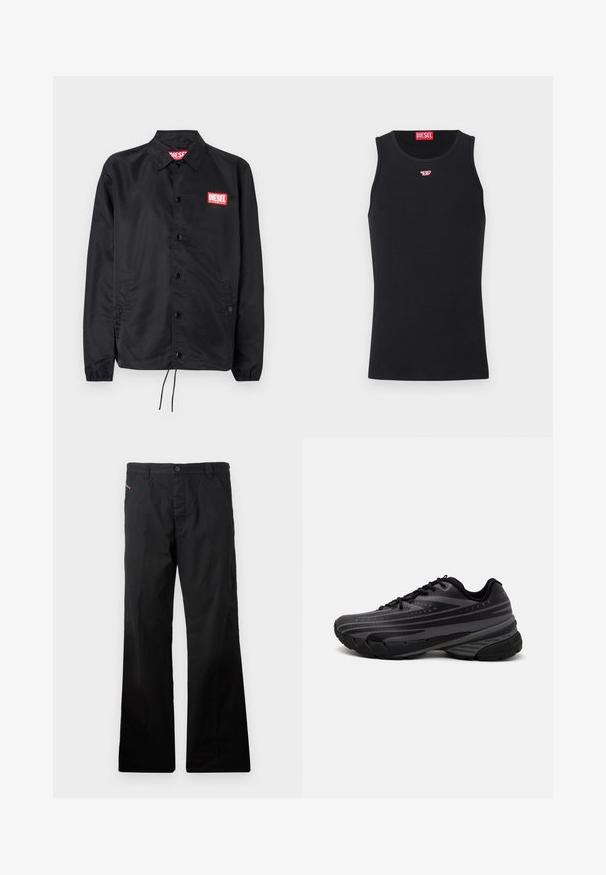 Zwarte jack van soepel, lichtgewicht materiaal, met een knoopsluiting, elastische manchetten, zijzakken en een rood Diesel logo patch.; Zwarte katoenen tanktop met ronde hals en mouwloos ontwerp. Klein rood Diesel-logo geborduurd op de borst. Gladde textuur, aansluitende pasvorm.; Zwarte, katoenen, rechte broek met een knoopsluiting. Bevat zijzakken en heeft een minimalistisch ontwerp zonder zichtbare patronen of accenten.; Zwarte hardloopschoen met een gestructureerde bovenkant met grijze strepen. Dikke zool voor demping, ronde neus en platte veters voor een veilige pasvorm.
