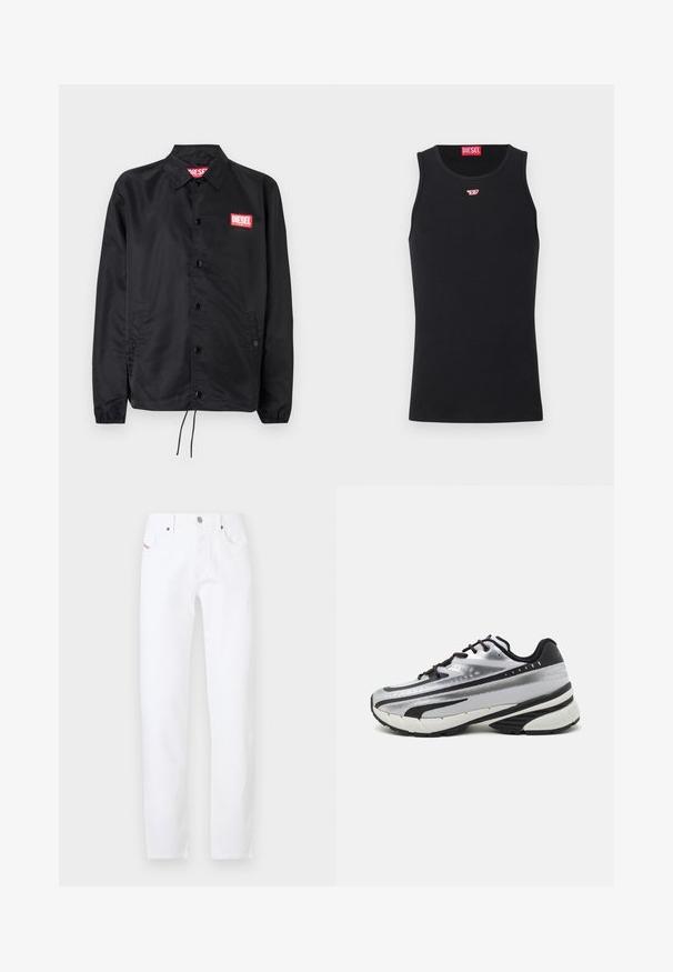 Must must, misasest kergest ja siledast materjalist, nupuvälinge, elastsete mansettide, küljetaskute ning punase Diesel logo plaastriga.; Mustmust särgid, mis on valmistatud siledast kangast, ümmarguse kaelusega, käeaukudega ja väikese punase logoga rinnal. Lihtne disain, ilma varrukateta.; Valged teksapüksid sirge lõikega, klassikalise viie taskuga disain ja metallist nööbiga kinnitamine. Minimalistlik stiil, ilma mustriteta.; Jooksujalats, millel on hõbedane võrgust pealmine osa, mustad aktsendid ja valge tallaga. Omab tekstuurilist disaini ja musti paelu. Kerge ja pehmendusega.