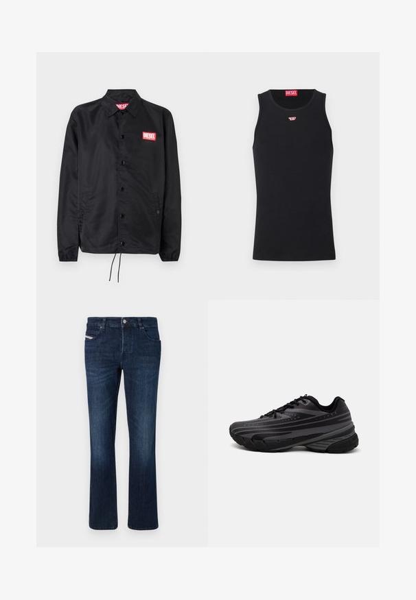 Jachetă neagră dintr-un material neted și ușor, cu închidere prin butoane, manșete elastice, buzunare laterale și o etichetă roșie cu logo-ul Diesel.; Top negru fără mâneci, confecționat dintr-un material neted, cu un guler rotund, decupaje pentru brațe și un mic logo roșu pe piept. Design simplu, fără mâneci.; Jeans din denim de culoare albastră închisă, cu croială dreaptă. Au cinci buzunare, închidere cu un buton metalic și cusături subtile pe buzunarul din spate.; Pantof de alergare negru cu un superior texturat, având dungi gri. Talpă groasă pentru amortizare, vârf rotund și șireturi plate pentru o potrivire sigură.