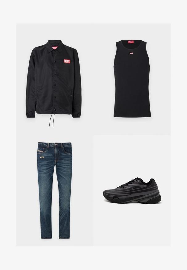 Jaqueta preta feita de material suave e leve, com fecho de botão na frente, punhos elásticos, bolsos laterais e um patch do logótipo vermelho da Diesel.; Camisola preta sem mangas feita de tecido suave, com decote redondo, aberturas para os braços e um pequeno logótipo vermelho no peito. Design simples.; Jeans de denim azul escuro com um acabamento ligeiramente desbotado, apresentando um detalhe desgastado na frente e cinco bolsos, incluindo um pequeno bolso para moedas.; Shoe de corrida preta com um cabedal texturizado apresentando riscas cinzentas. Sola grossa para amortecimento, bico redondo e atacadores planos para um ajuste seguro.