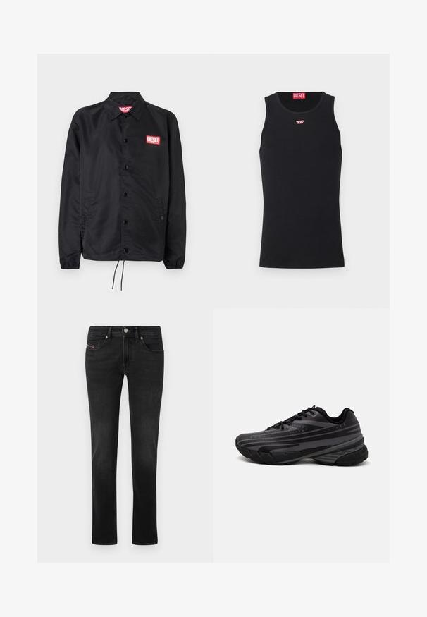 Črna jakna iz gladkega, lahkega materiala, z gumbnim zapiranjem, elastičnimi manšetami, stranskimi žepi in rdečim logotipom Diesel.; Črn top z gladkega materiala, ki ima okroglo izrezano ovratnik, rokavske odprtine in majhen rdeč logotip na prsih. Preprost dizajn, brez rokavov.; Črne denim hlače s ravnim krojem, ki vključujejo sprednje in zadnje žepke, subtilno blago zbledelo in kovinsko zaponko.; Črne tekaške copate z teksturiranim zgornjim delom, ki ima sive črte. Debel podplat za blaženje udarcev, okrogla konica in ravne vezalke za varen oprijem.
