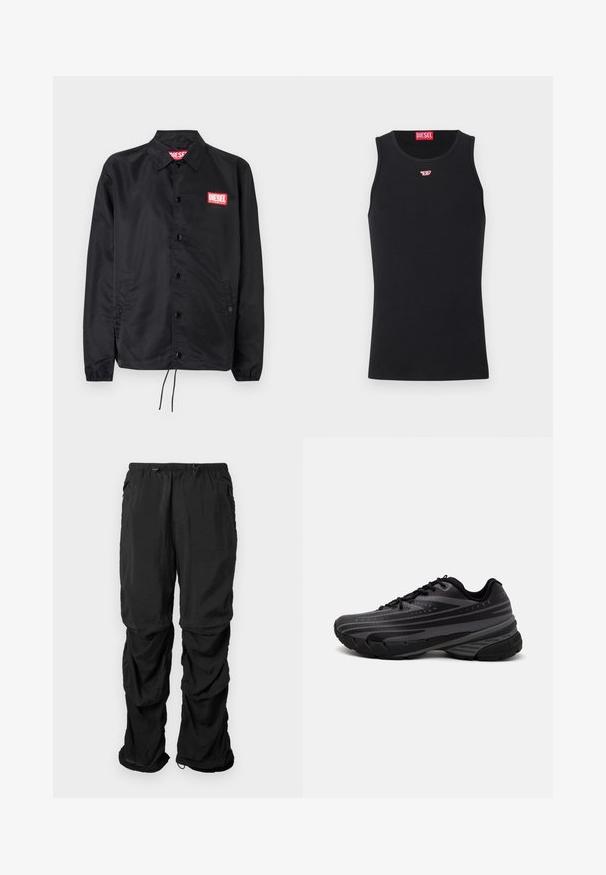 Schwarze Jacke aus glattem, leichtem Material mit Knopfriegel, elastischen Bündchen, seitlichen Taschen und einem roten Diesel-Logo-Patch.; Schwarzes Tanktop aus glattem Stoff, mit rundem Halsausschnitt, Armausschnitten und einem kleinen roten Logo auf der Brust. Einfaches Design, ärmellos.; Schwarze Utility-Hosen aus leichtem Stoff verfügen über einen elastischen Bund, verstellbare Kordeln und seitliche Taschen mit einer lockeren Passform.; Schwarzer Laufschuh mit einem strukturierten Obermaterial, das graue Streifen aufweist. Dicke Sohle zur Dämpfung, runder Zehenbereich und flache Schnürsenkel für einen sicheren Sitz.