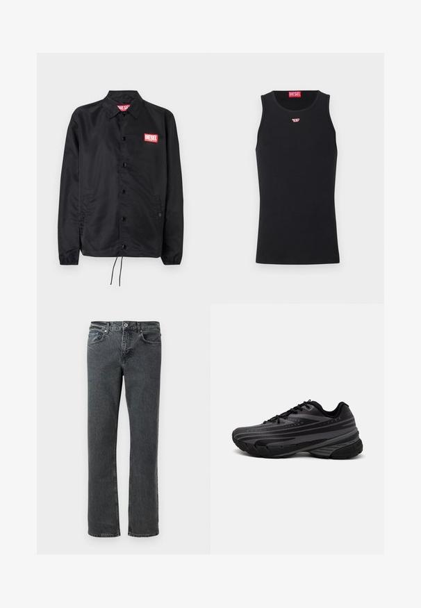 Must must, misasest kergest ja siledast materjalist, nupuvälinge, elastsete mansettide, küljetaskute ning punase Diesel logo plaastriga.; Mustmust särgid, mis on valmistatud siledast kangast, ümmarguse kaelusega, käeaukudega ja väikese punase logoga rinnal. Lihtne disain, ilma varrukateta.; Mustamustad sirge säärega teksapüksid viie taskuga, nööp-kinnitus ja vöökohad, esitatud valge tausta taustal.; Mustad musta jooksujalats, mille tekstureeritud ülemine osa on hallide triipudega. Paks tallaga mugavuse tagamiseks, ümar varvas ja tasased paelad kindla istuvuse saavutamiseks.