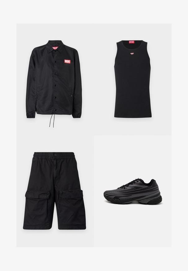 Čierna bunda vyrobená z hladkého, ľahkého materiálu, s predným zapínaním na gombíky, elastickými manžetami, bočnými vreckami a červeným logom Diesel na nášivke.; Čierny top bez rukávov vyrobený z hladkej látky, s okrúhlym výstrihom, otvorenými ramennými a malým červeným logom na hrudníku. Jednoduchý dizajn.; Čierne šortky vyrobené z odolnej tkaniny s elastickým pásom, dvoma veľkými cargo vreckami na každej strane a šitými detailmi.; Čierna bežecká obuv s textúrovaným zvrškom, ktorý má šedé pruhy. Hrubá podrážka pre odpruženie, okrúly špička a ploché šnúrky na bezpečné uchytenie.