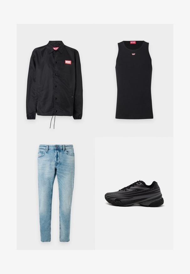 Jaqueta preta feita de material suave e leve, com fecho de botão na frente, punhos elásticos, bolsos laterais e um patch do logótipo vermelho da Diesel.; Top de algodão preto com decote redondo e sem mangas. Pequeno logótipo vermelho da Diesel bordado no peito. Textura suave, forma ajustada.; Jeans de denim azul claro com corte slim, apresentando bolsos frontais e fecho de botão. O tecido tem um acabamento suave e texturizado.; Shoe de corrida preta com um cabedal texturizado apresentando riscas cinzentas. Sola grossa para amortecimento, bico redondo e atacadores planos para um ajuste seguro.