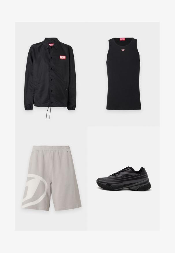 Svart jakke laget av glatt, lett materiale, med knappelukking, elastiske mansjetter, sidelommer og en rød Diesel-logo-patch.; Svart tanktopp laget av glatt stoff, med rund hals, armhull og en liten rød logo på brystet. Enkel design, ermeløs.; Lysegrå, uformelle shorts med elastisk midjebånd og stort hvitt abstrakt mønster på venstre ben, vist mot hvit bakgrunn.; Svarte joggesko med en teksturert overdel som har grå striper. Tykk såle for demping, rund tå og flate snører for en sikker passform.