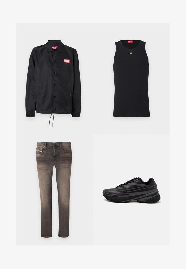 Must must, misasest kergest ja siledast materjalist, nupuvälinge, elastsete mansettide, küljetaskute ning punase Diesel logo plaastriga.; Mustmust särgid, mis on valmistatud siledast kangast, ümmarguse kaelusega, käeaukudega ja väikese punase logoga rinnal. Lihtne disain, ilma varrukateta.; Peenikesed teksad pleekinud mustas värvuses, millel on viis taskut, vööde augud ja tõmblukk. Materjalil on kerge tekstuur ja peened kulumisjäljed.; Mustad musta jooksujalats, mille tekstureeritud ülemine osa on hallide triipudega. Paks tallaga mugavuse tagamiseks, ümar varvas ja tasased paelad kindla istuvuse saavutamiseks.