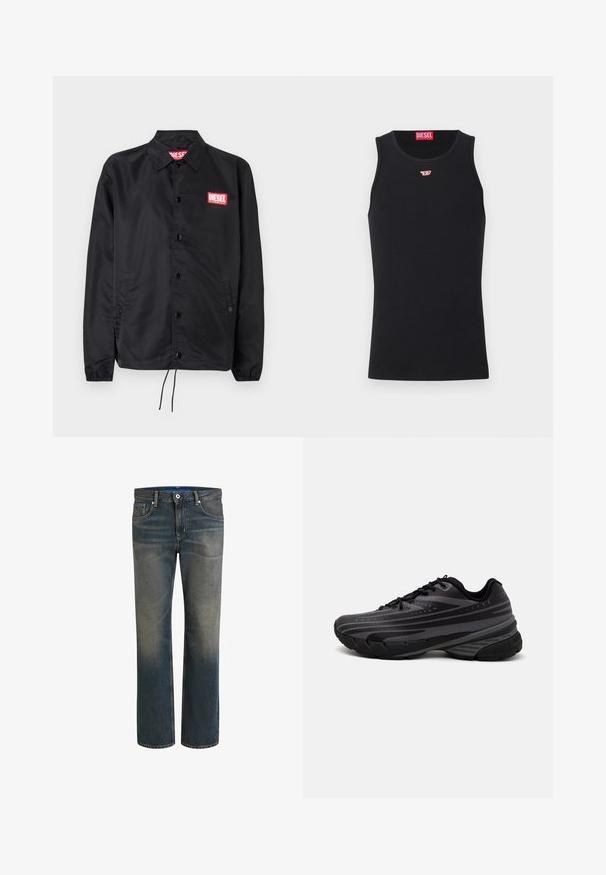 Črna jakna iz gladkega, lahkega materiala, z gumbnim zapiranjem, elastičnimi manšetami, stranskimi žepi in rdečim logotipom Diesel.; Črn top z gladkega materiala, ki ima okroglo izrezano ovratnik, rokavske odprtine in majhen rdeč logotip na prsih. Preprost dizajn, brez rokavov.; Temne modre kavbojke z izginjajočim gradientom, ravne hlačnice, pet žepov, kovinska gumb in zadrga za zapiranje ter kontrastno šivanje.; Črne tekaške copate z teksturiranim zgornjim delom, ki ima sive črte. Debel podplat za blaženje udarcev, okrogla konica in ravne vezalke za varen oprijem.