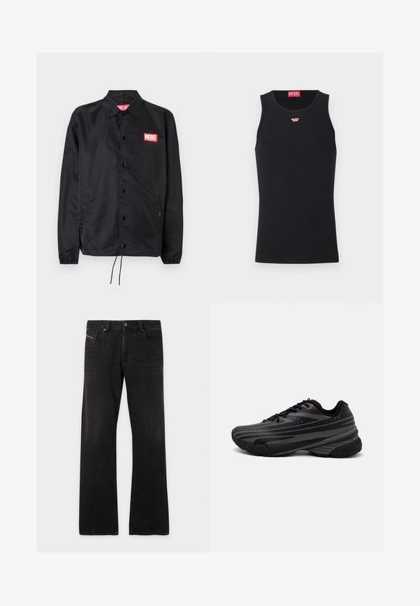 Černá bunda z hladkého, lehkého materiálu, s knoflíkovou přední částí, elastickými manžetami, bočními kapsami a červenou nášivkou Diesel logo.; Černý top bez rukávů vyrobený z hladké tkaniny, s kulatým výstřihem, výstřihy pro paže a malým červeným logem na hrudi. Jednoduchý design, bez rukávů.; Černé rovné džíny z denimu s pěti kapsami a zapínáním na knoflík, s mírným vyblednutím na stehnech a kolenou.; Černá běžecká bota s texturovaným svrškem zdobeným šedými pruhy. Silná podešev pro odpružení, kulatá špička a ploché tkaničky pro bezpečné uchycení.