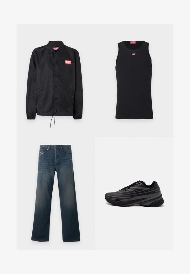 Jachetă neagră dintr-un material neted și ușor, cu închidere prin butoane, manșete elastice, buzunare laterale și o etichetă roșie cu logo-ul Diesel.; Top din bumbac negru, cu gât rotund și fără mâneci. Logo-ul mic Diesel, brodat pe piept, de culoare roșie. Textură netedă, formă ajustată.; Jeans din denim albastru cu un design drept, textură decolorată, tiv sfâșiat și detalii uzate pe buzunarul din față și zona coapsei.; Pantof de alergare negru cu un superior texturat, având dungi gri. Talpă groasă pentru amortizare, vârf rotund și șireturi plate pentru o potrivire sigură.