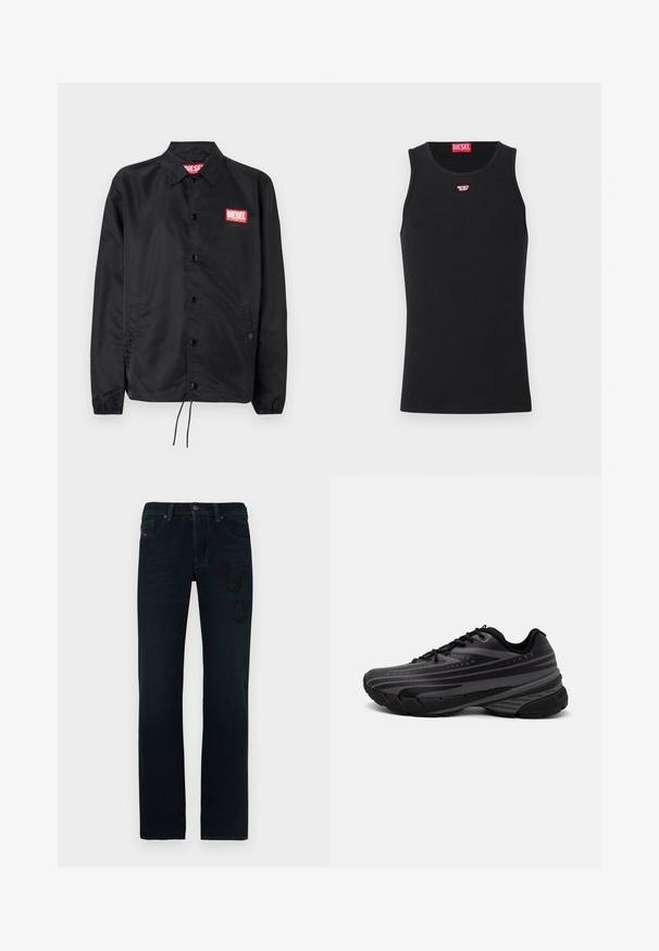 Jaqueta preta feita de material suave e leve, com fecho de botão na frente, punhos elásticos, bolsos laterais e um patch do logótipo vermelho da Diesel.; Camisola preta sem mangas feita de tecido suave, com decote redondo, aberturas para os braços e um pequeno logótipo vermelho no peito. Design simples.; Calças de ganga escura com corte reto, apresentando aplicações bordadas tonais e um cinto clássico com cinco bolsos.; Shoe de corrida preta com um cabedal texturizado apresentando riscas cinzentas. Sola grossa para amortecimento, bico redondo e atacadores planos para um ajuste seguro.