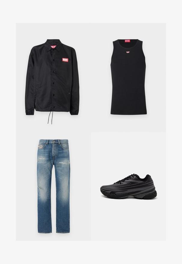 Črna jakna iz gladkega, lahkega materiala, z gumbnim zapiranjem, elastičnimi manšetami, stranskimi žepi in rdečim logotipom Diesel.; Črn top z gladkega materiala, ki ima okroglo izrezano ovratnik, rokavske odprtine in majhen rdeč logotip na prsih. Preprost dizajn, brez rokavov.; Svijetloplave traperice ravnog kroja, s istrošenim mjestima i izbjeljivanjima. Standardni dizajn s pet džepova i zaklopnim kopčanjem.; Črne tekaške copate z teksturiranim zgornjim delom, ki ima sive črte. Debel podplat za blaženje udarcev, okrogla konica in ravne vezalke za varen oprijem.