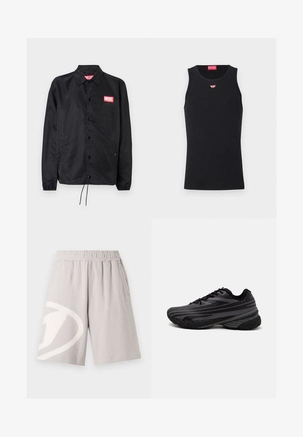 Veste noire en matériau lisse et léger, avec un devant à boutons, des poignets élastiques, des poches latérales et un patch logo rouge Diesel.; Débardeur en coton noir au design sans manches et col rond. Petit logo rouge Diesel cousu sur la poitrine. Texture lisse, coupe ajustée.; Shorts en coton gris avec une taille élastique, des poches latérales et un grand logo blanc sur la jambe gauche. Texture lisse, design longueur genou.; Baskets de course noires avec une tige texturée comportant des rayures grises. Semelle épaisse pour un bon amorti, bout rond et lacets plats pour un maintien sécurisé.