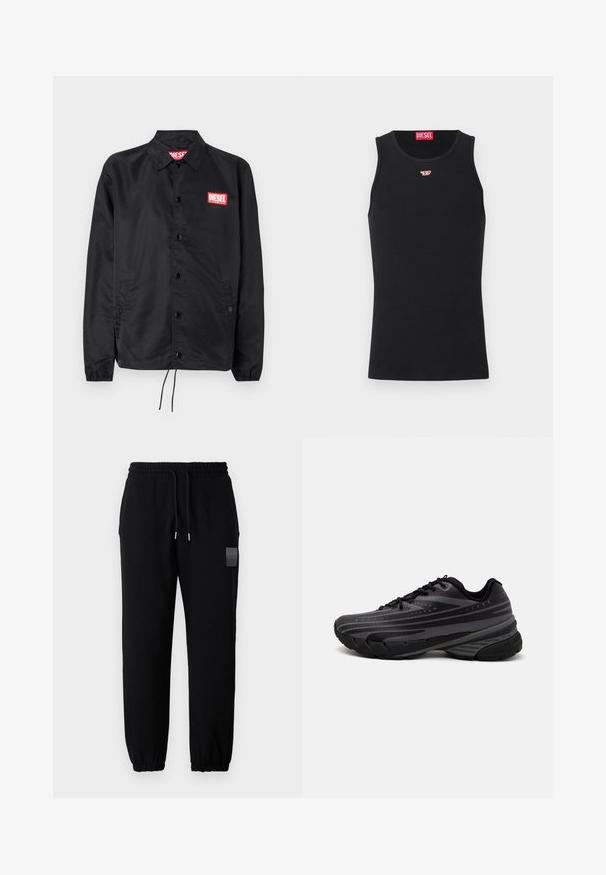 Czarna kurtka wykonana z gładkiego, lekkiego materiału, z przodem na guziki, elastycznymi mankietami, bocznymi kieszeniami i czerwoną naszywką z logo Diesel.; Czarny top na ramiączkach wykonany z gładkiego materiału, z okrągłym dekoltem, otworami na ramiona i małym czerwonym logo na piersi. Prosty design, bez rękawów.; Czarne spodnie dresowe z elastycznym pasem i sznurkiem, z zwężanymi nogawkami oraz małą naszywką z logo na udzie.; Czarna biegowa obuwie z teksturowaną cholewką z szarymi paskami. Gruba podeszwa dla amortyzacji, okrągły czubek i płaskie sznurowadła zapewniające pewne dopasowanie.