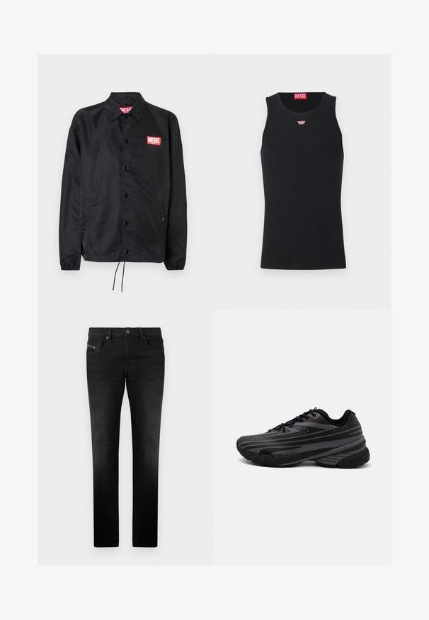 Must must, misasest kergest ja siledast materjalist, nupuvälinge, elastsete mansettide, küljetaskute ning punase Diesel logo plaastriga.; Mustmust särgid, mis on valmistatud siledast kangast, ümmarguse kaelusega, käeaukudega ja väikese punase logoga rinnal. Lihtne disain, ilma varrukateta.; Mustad denimist mustad teksad sirge lõikega, millel on esikotid ja metallist nööbi sulgur, sile tekstuur ja peened õmbluse detailid.; Mustad musta jooksujalats, mille tekstureeritud ülemine osa on hallide triipudega. Paks tallaga mugavuse tagamiseks, ümar varvas ja tasased paelad kindla istuvuse saavutamiseks.
