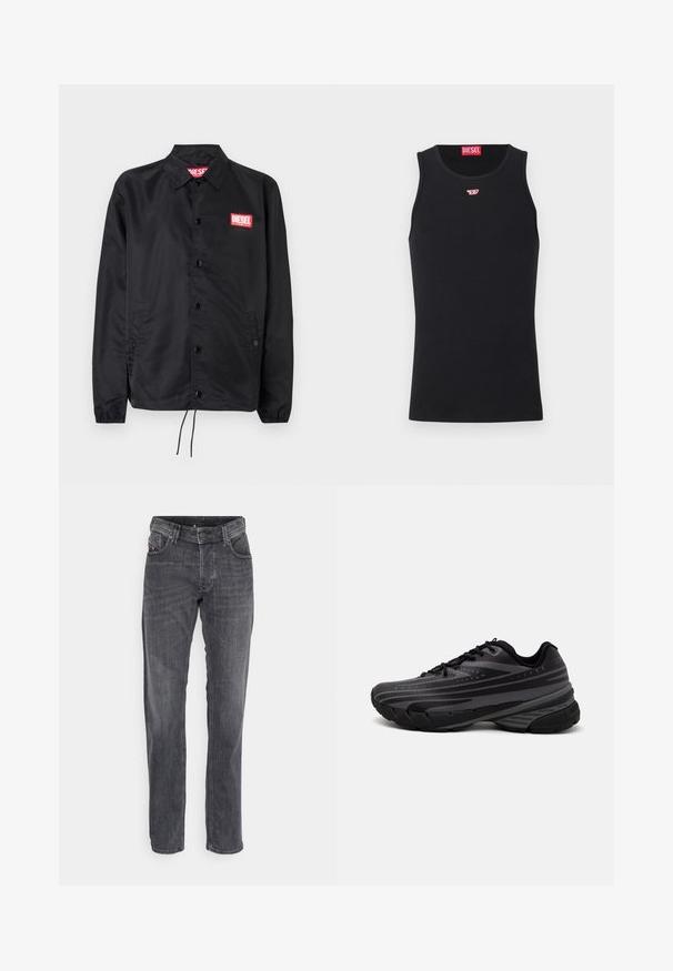 Must must, misasest kergest ja siledast materjalist, nupuvälinge, elastsete mansettide, küljetaskute ning punase Diesel logo plaastriga.; Mustmust särgid, mis on valmistatud siledast kangast, ümmarguse kaelusega, käeaukudega ja väikese punase logoga rinnal. Lihtne disain, ilma varrukateta.; Diesel LARKEE - Sirgete säärtega teksad - 02; Mustad musta jooksujalats, mille tekstureeritud ülemine osa on hallide triipudega. Paks tallaga mugavuse tagamiseks, ümar varvas ja tasased paelad kindla istuvuse saavutamiseks.