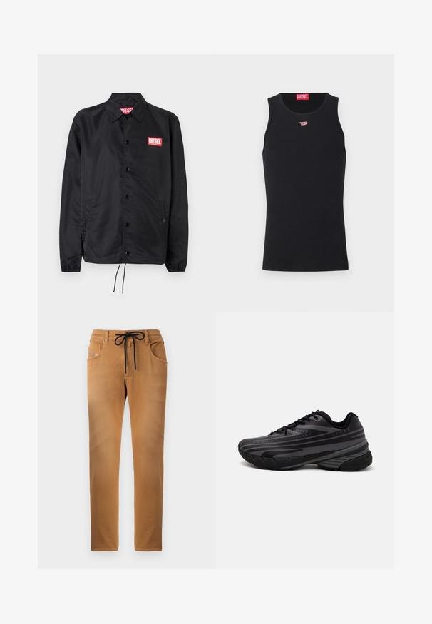 Črna jakna iz gladkega, lahkega materiala, z gumbnim zapiranjem, elastičnimi manšetami, stranskimi žepi in rdečim logotipom Diesel.; Črn top z gladkega materiala, ki ima okroglo izrezano ovratnik, rokavske odprtine in majhen rdeč logotip na prsih. Preprost dizajn, brez rokavov.; Svijetlosmeđe hlače s mekim teksturom, elastičnom vezicom u struku i detaljima na džepu s uzorkom. Ravne nogavice sa šivenim šavovima.; Črne tekaške copate z teksturiranim zgornjim delom, ki ima sive črte. Debel podplat za blaženje udarcev, okrogla konica in ravne vezalke za varen oprijem.