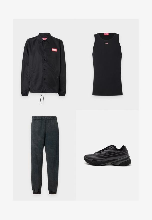 Chaqueta negra hecha de un material suave y ligero, con cierre de botones en el frente, puños elásticos, bolsillos laterales y un parche con el logo rojo de Diesel.; Camiseta sin mangas de algodón negra con cuello redondo. Pequeño logo rojo de Diesel bordado en el pecho. Textura suave, forma ajustada.; Pantalones de chándal de fleecy gris oscuro con cintura elástica y puños, de corte recto, diseñados para uso casual.; Zapatilla de running negra con parte superior texturizada que presenta franjas grises. Suela gruesa para amortiguación, puntera redonda y cordones planos para un ajuste seguro.