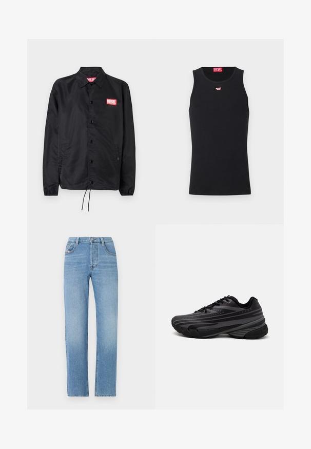 Veste noire en matériau lisse et léger, avec un devant à boutons, des poignets élastiques, des poches latérales et un patch logo rouge Diesel.; Débardeur en coton noir au design sans manches et col rond. Petit logo rouge Diesel cousu sur la poitrine. Texture lisse, coupe ajustée.; Jeans en denim bleu clair avec une coupe droite, fermeture à bouton, style cinq poches et texture légèrement décolorée. Silhouette de jean classique.; Baskets de course noires avec une tige texturée comportant des rayures grises. Semelle épaisse pour un bon amorti, bout rond et lacets plats pour un maintien sécurisé.