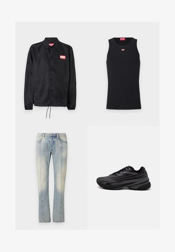 Černá bunda z hladkého, lehkého materiálu, s knoflíkovou přední částí, elastickými manžetami, bočními kapsami a červenou nášivkou Diesel logo.; Černý top bez rukávů vyrobený z hladké tkaniny, s kulatým výstřihem, výstřihy pro paže a malým červeným logem na hrudi. Jednoduchý design, bez rukávů.; Modré džínové kalhoty s rovnými nohavicemi, zdobené dvojitým šitím, předními kapsami a vybledlým vzhledem. Žádné viditelné logo.; Černá běžecká bota s texturovaným svrškem zdobeným šedými pruhy. Silná podešev pro odpružení, kulatá špička a ploché tkaničky pro bezpečné uchycení.