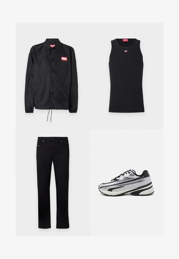 Jaqueta preta feita de material suave e leve, com fecho de botão na frente, punhos elásticos, bolsos laterais e um patch do logótipo vermelho da Diesel.; Camisola preta sem mangas feita de tecido suave, com decote redondo, aberturas para os braços e um pequeno logótipo vermelho no peito. Design simples.; Calças de ganga pretas com corte straight leg, cinco bolsos e fecho de botão de metal. Apresenta um detalhe de costura subtil no bolso frontal.; Sapatilhas de corrida com um upper em malha prateada, detalhes em preto e sola branca. Apresenta um design texturizado e atacadores pretos. Leves e acolchoadas.