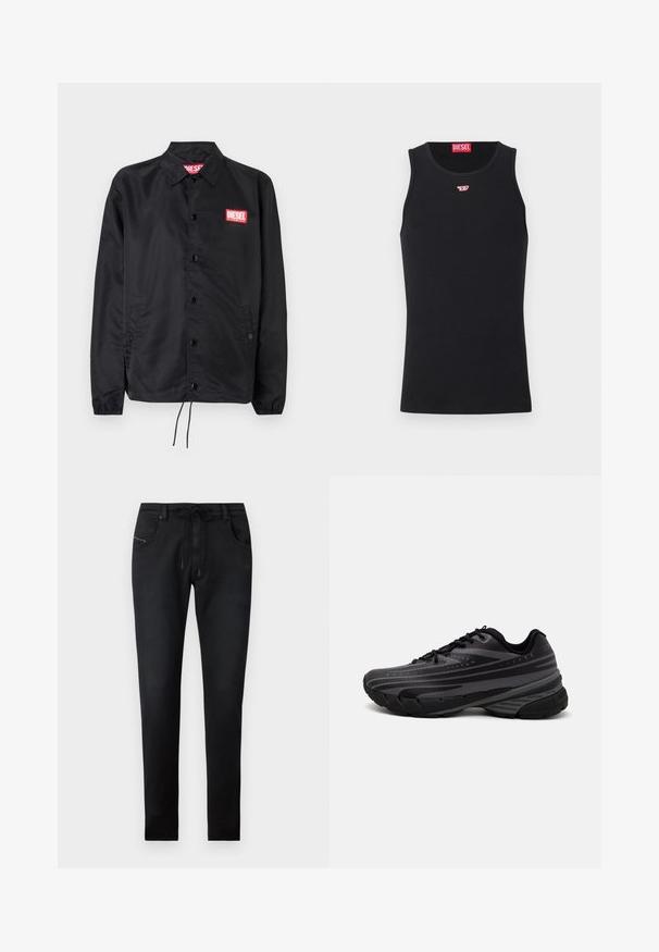 Jaqueta preta feita de material suave e leve, com fecho de botão na frente, punhos elásticos, bolsos laterais e um patch do logótipo vermelho da Diesel.; Top de algodão preto com decote redondo e sem mangas. Pequeno logótipo vermelho da Diesel bordado no peito. Textura suave, forma ajustada.; Calças em denim preto com corte slim, apresentando uma cintura com cordão, dois bolsos frontais e detalhes de costura discretos. Textura suave.; Shoe de corrida preta com um cabedal texturizado apresentando riscas cinzentas. Sola grossa para amortecimento, bico redondo e atacadores planos para um ajuste seguro.