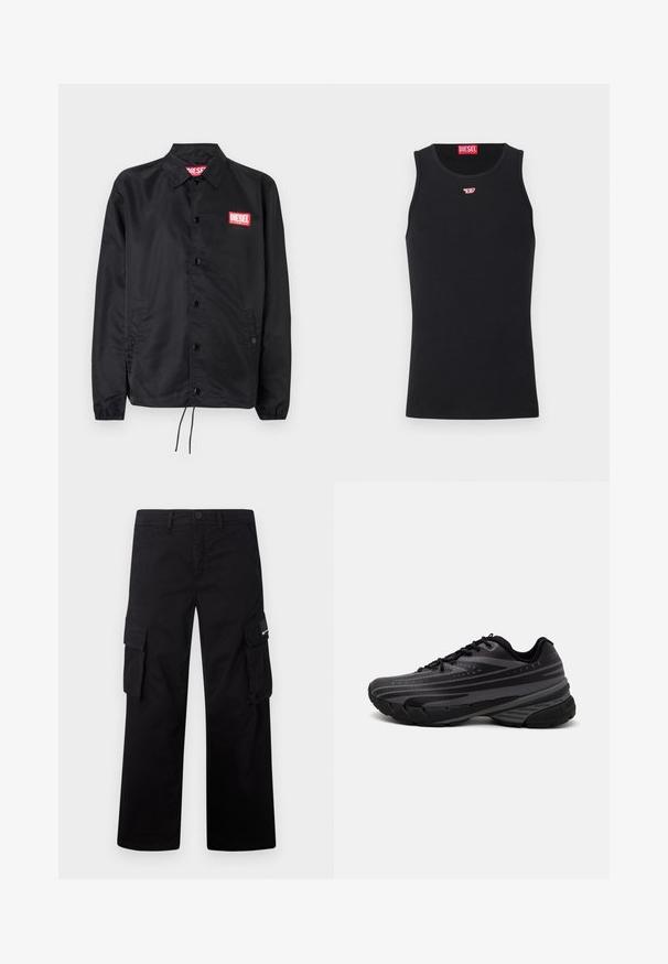 Černá bunda z hladkého, lehkého materiálu, s knoflíkovou přední částí, elastickými manžetami, bočními kapsami a červenou nášivkou Diesel logo.; Černý top bez rukávů vyrobený z hladké tkaniny, s kulatým výstřihem, výstřihy pro paže a malým červeným logem na hrudi. Jednoduchý design, bez rukávů.; Černé cargo kalhoty vyrobené z odolné látky, s rovnou nohavicí, bočními kapsami a zapínáním na knoflík.; Černá běžecká bota s texturovaným svrškem zdobeným šedými pruhy. Silná podešev pro odpružení, kulatá špička a ploché tkaničky pro bezpečné uchycení.