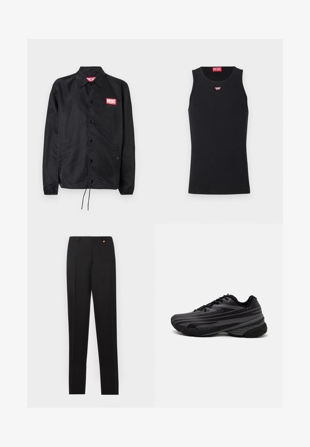 Zwarte jack van soepel, lichtgewicht materiaal, met een knoopsluiting, elastische manchetten, zijzakken en een rood Diesel logo patch.; Zwarte tanktop van gladde stof, met een ronde hals, armsgaten en een klein rood logo op de borst. Eenvoudig ontwerp, zonder mouwen.; Zwarte op maat gemaakte broek met een slanke pasvorm, een gladde afwerking, een enkele plooi en een gouden knopaccent op de voorste tailleband.; Zwarte hardloopschoen met een gestructureerde bovenkant met grijze strepen. Dikke zool voor demping, ronde neus en platte veters voor een veilige pasvorm.