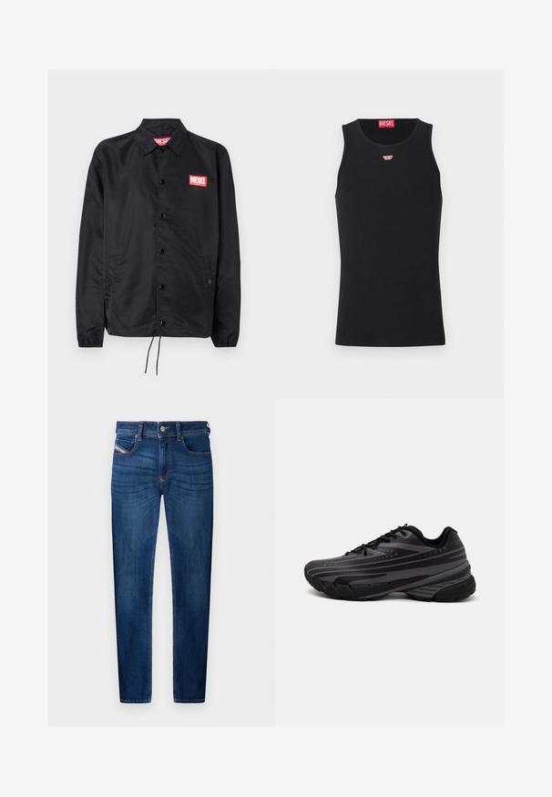 Crna jakna od glatkog, laganog materijala, s prednjim kopčanjem na dugmad, elastičnim manžetama, bočnim džepovima i crvenim Diesel logotipom.; Crna majica bez rukava od glatkog materijala, s okruglim izrezom, izrezima za ruke i malim crvenim logotipom na prsima. Jednostavan dizajn, bez rukava.; Tamno plave traperice s ravnim nogavicama, dizajn s pet džepova, vidljive detalje šivanja i metalno kopčanje.; Crna tenisica za trčanje s teksturiranim gornjim dijelom koji ima sive pruge. Debeli potplat za amortizaciju, okrugli vrh i ravne vezice za sigurno pristajanje.