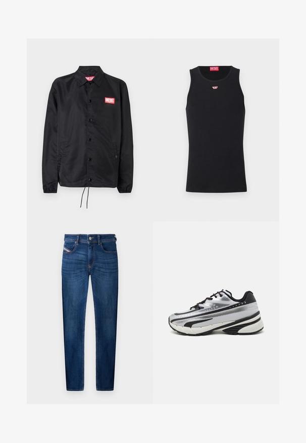Jaqueta preta feita de material suave e leve, com fecho de botão na frente, punhos elásticos, bolsos laterais e um patch do logótipo vermelho da Diesel.; Camisola preta sem mangas feita de tecido suave, com decote redondo, aberturas para os braços e um pequeno logótipo vermelho no peito. Design simples.; Jeans de ganga azul escuro com corte reto, design de cinco bolsos, detalhes de costura visíveis e fecho de botão de metal.; Sapatilhas de corrida com um upper em malha prateada, detalhes em preto e sola branca. Apresenta um design texturizado e atacadores pretos. Leves e acolchoadas.