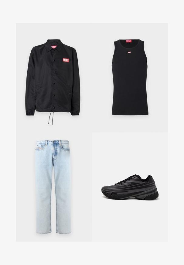 Jaqueta preta feita de material suave e leve, com fecho de botão na frente, punhos elásticos, bolsos laterais e um patch do logótipo vermelho da Diesel.; Top de algodão preto com decote redondo e sem mangas. Pequeno logótipo vermelho da Diesel bordado no peito. Textura suave, forma ajustada.; Jeans de ganga de tom azul claro com um design de perna reta, estilo de cinco bolsos e desbotamento subtil. Apresenta um fecho de botão e laço para cinto.; Shoe de corrida preta com um cabedal texturizado apresentando riscas cinzentas. Sola grossa para amortecimento, bico redondo e atacadores planos para um ajuste seguro.