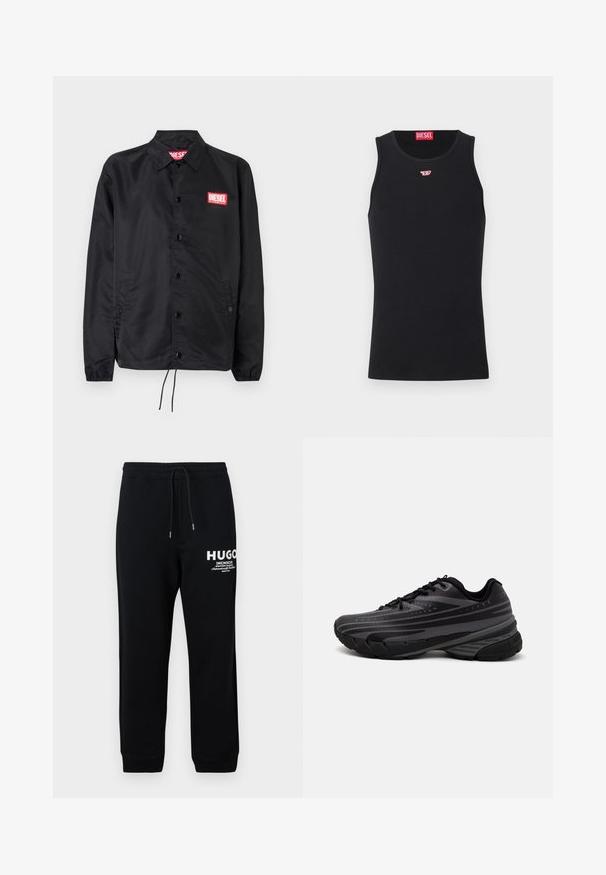 Czarna kurtka wykonana z gładkiego, lekkiego materiału, z przodem na guziki, elastycznymi mankietami, bocznymi kieszeniami i czerwoną naszywką z logo Diesel.; Czarny top na ramiączkach wykonany z gładkiego materiału, z okrągłym dekoltem, otworami na ramiona i małym czerwonym logo na piersi. Prosty design, bez rękawów.; Czarne dresy wykonane z mieszanki bawełny, z wersją na sznurki w talii, zwężanymi nogawkami oraz białym nadrukowanym logo i tekstem na lewym udzie.; Czarna biegowa obuwie z teksturowaną cholewką z szarymi paskami. Gruba podeszwa dla amortyzacji, okrągły czubek i płaskie sznurowadła zapewniające pewne dopasowanie.
