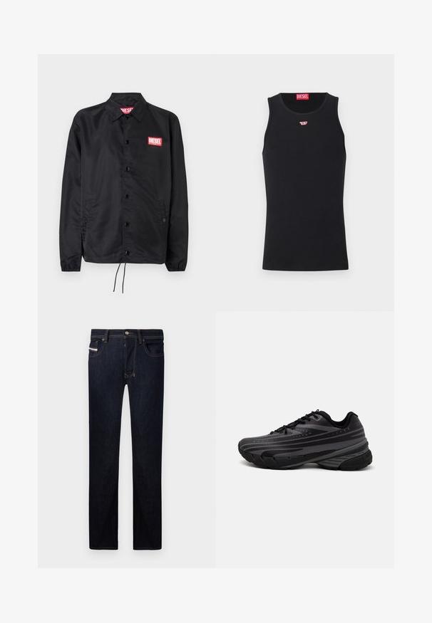 Chaqueta negra hecha de un material suave y ligero, con cierre de botones en el frente, puños elásticos, bolsillos laterales y un parche con el logo rojo de Diesel.; Camisa sin mangas negra de tela suave, con un escote redondo y sisas, y un pequeño logo rojo en el pecho. Diseño sencillo, sin mangas.; Pantalones vaqueros de mezclilla azul oscuro con corte recto, que cuentan con cinco bolsillos, costuras en contraste y cierre de botón metálico.; Zapatilla de running negra con parte superior texturizada que presenta franjas grises. Suela gruesa para amortiguación, puntera redonda y cordones planos para un ajuste seguro.