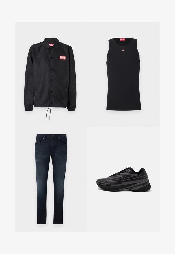 Crna jakna od glatkog, laganog materijala, s prednjim kopčanjem na dugmad, elastičnim manžetama, bočnim džepovima i crvenim Diesel logotipom.; Crni pamučni top bez rukava s okruglim izrezom. Mali crveni Diesel logotip izvezen na prsima. Glatka tekstura, prilagođeni oblik.; Tamno plavi traperice slim kroja, s pet džepova, blago izblijedjele i metalnim gumbom za zatvaranje u struku.; Crna tenisica za trčanje s teksturiranim gornjim dijelom koji ima sive pruge. Debeli potplat za amortizaciju, okrugli vrh i ravne vezice za sigurno pristajanje.