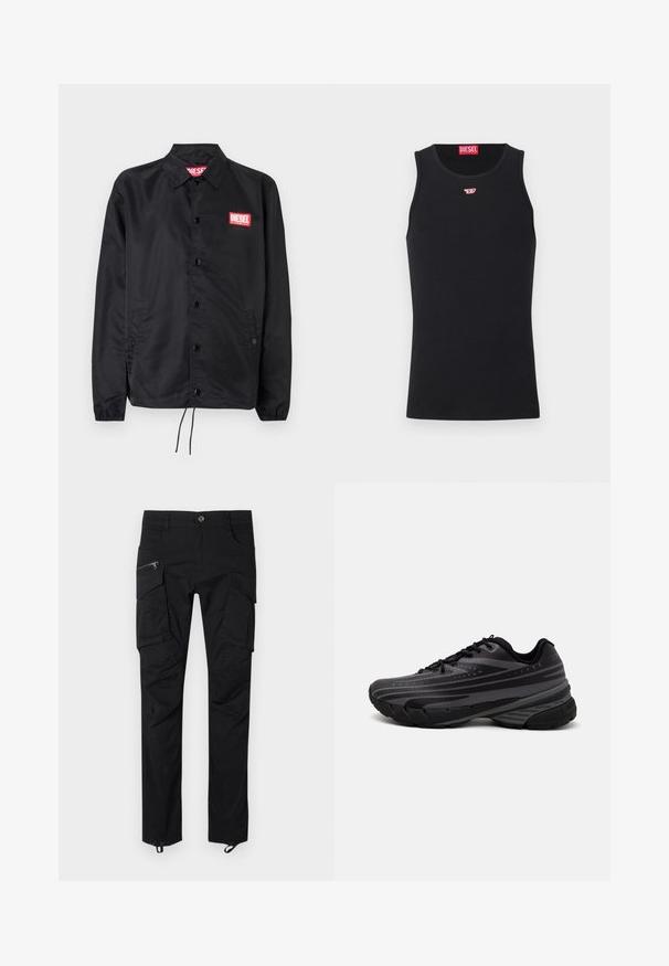 Sort jakke lavet af glat, let materiale, med knaplukning fortil, elastiske manchetter, sidelommer og et rødt Diesel-logo patch.; Sort træningsskjorte lavet af glat stof, med rund halsudskæring, ærmehuller og et lille rødt logo på brystet. Simpelt design, ærmeløs.; Sorte cargo bukser lavet af slidstærkt stof, der har flere lommer, lynlåse og en justerbar kant for en sikker pasform.; Sort løbesko med en struktureret overdel og grå striber. Tykk sål for støddæmpning, rund tå og flade snørebånd for et sikkert fit.