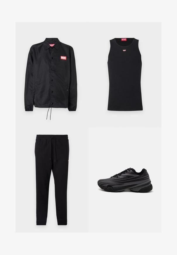 Juoda striukė, pagaminta iš lygaus, lengvo medžiagų, su mygtukų priekyje, elastinėmis rankovėmis, šoninėmis kišenėmis ir raudonu "Diesel" logotipo ženkleliu.; Juodas be Rankovių Маišelis, pagamintas iš lygaus audinio, su apvaliu kaklo išpjovimu, išpjovomis rankovėms ir mažuoju raudonu logotipu ant krūtinės. Paprastas dizainas, be rankovių.; Juoda treningai, pagaminti iš minkštos medžiagos, su elastine juosta ir raišteliu, siaurėjančiomis kojomis ir gipiūro rankogaliais.; Juodas bėgimo batelis su tekstūruotu viršumi, kuriame yra pilkos juostos. Storas padas amortizacijai, apvalus pirštas ir plokščios raištelės tvirtam prigludimui.