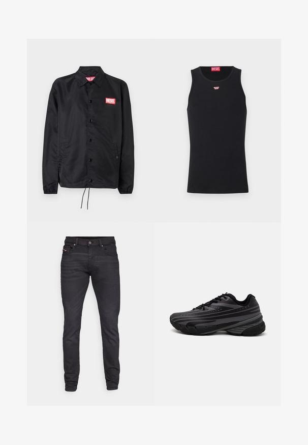 Chaqueta negra hecha de un material suave y ligero, con cierre de botones en el frente, puños elásticos, bolsillos laterales y un parche con el logo rojo de Diesel.; Camisa sin mangas negra de tela suave, con un escote redondo y sisas, y un pequeño logo rojo en el pecho. Diseño sencillo, sin mangas.; Jeans negros ajustados con una textura suave, cinco bolsillos, trabillas para cinturón y cierre de botón metálico. Presenta un sutil logotipo en el bolsillo delantero.; Zapatilla de running negra con parte superior texturizada que presenta franjas grises. Suela gruesa para amortiguación, puntera redonda y cordones planos para un ajuste seguro.
