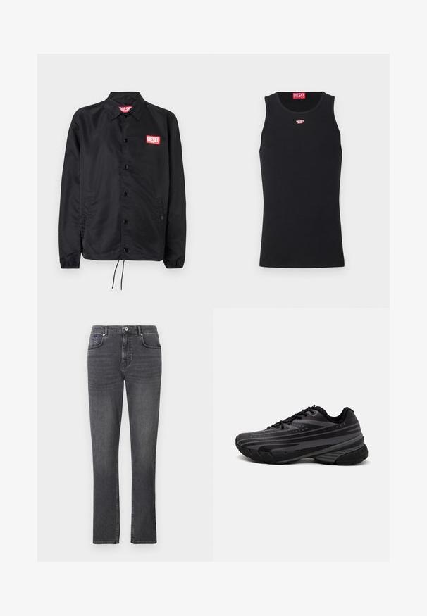 Melnā jaka no gludas, vieglas materiāla, ar pogu aizdari, elastīgām piedurknēm, sānu kabatām un sarkanu Diesel logo uzšuvumu.; Melna kokvilnas topiņa ar apaļu kakla izgriezumu un bez piedurknēm. Uz krūtīm izšūta maza sarkana Diesel logo. Gluda tekstūra, pieguļoša forma.; Pelēkas džinsas ar taisnu kāju dizainu, piecu kabatu stilu un smalkām šuvju detaļām. Audumam ir gluda tekstūra.; Melnas skriešanas kurpes ar teksturētu virsu, kurai ir pelēkas svītras. Biezs zole nodrošina amortizāciju, apaļa purngalu un plakanas šņorītes, lai nodrošinātu drošu piegulšanu.