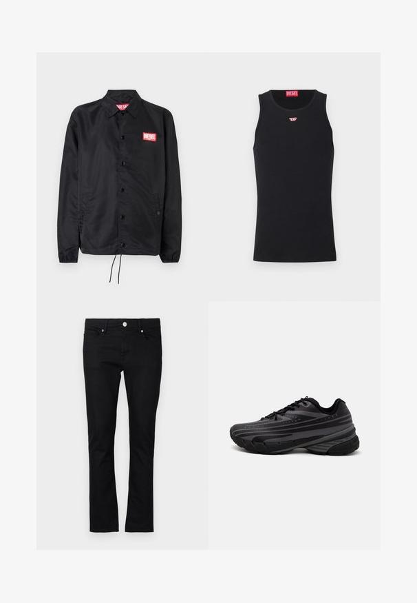 Melnā jaka no gludas, vieglas materiāla, ar pogu aizdari, elastīgām piedurknēm, sānu kabatām un sarkanu Diesel logo uzšuvumu.; Melna bezmaku topa blūze, izgatavota no gludas auduma, ar apaļu kakla izgriezumu, rokām un nelielu sarkanu logotipu uz krūtīm. Vienkāršs dizains, bez piedurknēm.; Melnas džinsu bikses ar šauru piegriezumu, taisnas kājas dizainu, piecu kabatu stilu un metāla pogu aizdari, ar minimālu šuvju detaļu.; Melnas skriešanas kurpes ar teksturētu virsu, kurai ir pelēkas svītras. Biezs zole nodrošina amortizāciju, apaļa purngalu un plakanas šņorītes, lai nodrošinātu drošu piegulšanu.