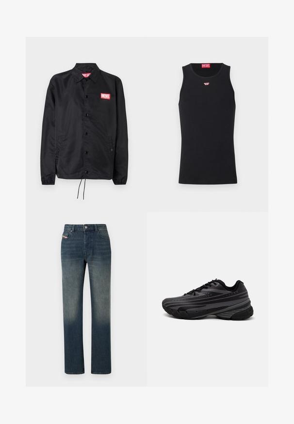 Juoda striukė, pagaminta iš lygaus, lengvo medžiagų, su mygtukų priekyje, elastinėmis rankovėmis, šoninėmis kišenėmis ir raudonu "Diesel" logotipo ženkleliu.; Juodas be Rankovių Маišelis, pagamintas iš lygaus audinio, su apvaliu kaklo išpjovimu, išpjovomis rankovėms ir mažuoju raudonu logotipu ant krūtinės. Paprastas dizainas, be rankovių.; Tiesūs mėlyni džinsai iš medvilnės džinso audinio su išblukusia skalbimo spalva, priekyje su sagomis ir užtrauktuku, penkių kišenių dizainas.; Juodas bėgimo batelis su tekstūruotu viršumi, kuriame yra pilkos juostos. Storas padas amortizacijai, apvalus pirštas ir plokščios raištelės tvirtam prigludimui.