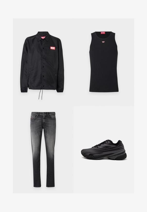 Crna jakna od glatkog, laganog materijala, s prednjim kopčanjem na dugmad, elastičnim manžetama, bočnim džepovima i crvenim Diesel logotipom.; Crna majica bez rukava od glatkog materijala, s okruglim izrezom, izrezima za ruke i malim crvenim logotipom na prsima. Jednostavan dizajn, bez rukava.; Tamni sivi traperice s gradijentom koji prelazi u svjetliju sivu. Imaju klasičan dizajn s pet džepova i prednje kopčanje na dugme. Glatka tekstura.; Crna tenisica za trčanje s teksturiranim gornjim dijelom koji ima sive pruge. Debeli potplat za amortizaciju, okrugli vrh i ravne vezice za sigurno pristajanje.